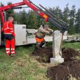 Arkivleder Poul Nørgaard Jensen bakser med at få vildtbanestenen ved Hvedebakken i Hammel på plads under opsyn af Olav Charles Nielsen, der har stået for flytningen af stenene fra Voldum. Stenen har en cementfod på 90 centimeter, der er gravet ned i jorden. Privatfoto