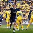 AGF's Patrick Mortensen jubler efter scoring til 0-1. Foto: Jens Dresling/Ritzau Scanpix