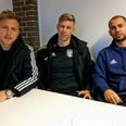 Felipe Soares (yderst th.), ny cheftræner for FC Djurslands U19 hold i denne sæson. Allex Titton (i midten) kan vise sig, at være den topscoretype, som FC Djursland mangler efter, at topscorer Rodrigo Gral er rejst hjem til Brasilien, og kulturbærer Paulo Maciel søger lykken i København. Guilherme Schelski (tv) er ny målmandstræner på Brazil Football College og ny keeper i FC Djursland-truppen. Foto: Lars Norman Thomsen