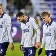 Skuffelse hos AGF efter første semifinale i Oddset Pokalen mellem AGF og FC Midtjylland på Ceres Park Vejlby i Aarhus. Foto: Mikkel Berg Pedersen/Ritzau Scanpix