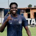 De ugandiske u-landsholdsspillere James Bogere (tv) og Hamuza Sengooba er nye AGF-spillere. Pressefoto: AGF