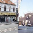 I mange år har bygningen på hjørnet af Frederiks Allé og Absalonsgade set forfærdelig ud. I bunden var der tidligere en bager. Foroven er der lige nu en vandpibe-café. Til højre kan du se, hvordan det nye byggeri kommer til at se ud. Foto: Danni Paulsen (venstre). Tegning: Loop Architects (højre)