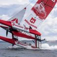 Denmark SailGP Team kæntrede under træningen på hjemmebanen i Aarhus-bugten tirsdag 17. august. Pressefoto.