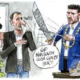 Sparekniven er fundet frem, men borgmesteren og den ansvarlige rådmand bedyrer, at det er nødtvunget og med grædende hjerter, at socialområdet skal spare penge. Tegning: Rasmus Sand Høyer