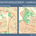 Visitationszonerne i Aarhus bliver oprettet efter to skudepisoder i det offentlige rum i april og flere indikationer på, at en konflikt er ved at blusse op mellem grupperinger i områderne. Grafik: Østjyllands Politi