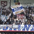 Her ses udeholdets fans på Cepheus Park i superligakampen mellem Randers FC og AGF i august. Foto: Henning Bagger/Ritzau Scanpix