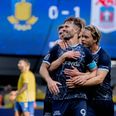 Patrick Mortensen har netop scoret til 0-1 på Brøndby Stadion. Foto: Nils Meilvang/Scanpix 2024