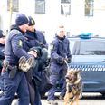 Betjente ”hjælper” en demonstrant væk fra Termas grund. Foto: presse-fotos.dk
