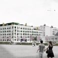 Arkitekturen er inspireret af den gamle journalisthøjskole og skal ifølge arkitekten, Sleth Arkitekter, fremstå med betonfacade i modernistisk stil. Illustration: JCN Bolig