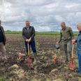 Fra venstre Jens Døssing, landsformand for Plant et Træ, borgmester Lars Storgaard, udvalgsformand Nils Borring og Inge Bugge fra Vejerslev planter de sidste træer i ny skov i Vejerslev. Foto: Favrskov Kommune.