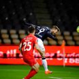 Patrick Mortensen scorer til 2-1 med hovedet. Foto: Liselotte Sabroe/Ritzau Scanpix