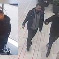 Til venstre ses Hamza Abdol Azeem Thamer Al-Habeeb. Til højre ses han sammen med den anden efterlyste person, som er iført en grå sweatshirt med lynlås. Overvågningsfoto.