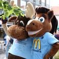 Hestetifos kunstnernavn er blandt andet inspireret af Randers FCs maskot (til højre) - her ses den sammen med Sparekassen Kronjyllands maskot, Kronse (til venstre). Arkivfoto: Jan Szwed
