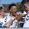 AGFs Tobias Sana jubler efter at have udlignet til 1-1 i Alka Superliga kampen mellem AGF og OB.