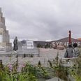 Velkommen til Grenaa. Sådan præsenteres den kommende "Ruin Pladsen" med den seks meter høje skulptur af projektmagerne. Ikke mange har taget godt imod ideen. Illustration: Sydhavnen A/S