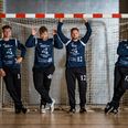 Nørre Djurs HK er godt kørende med sine fire divisionsmålmænd: fra venstre Casper Hebsgaard Mortensen, Emil Strømgaard, Kevin Fisker og Magnus Møller-Sørensen. I kampen mod Viborg FH stod Kevin Fisker i tre kvarter med en redningsprocent på 39 og Casper Hebsgaard Mortensen det sidste kvarter med en redningsprocent på 70. Foto: Mikkel Weje Nielsen, PhotoCare Grenaa