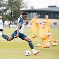 Stefen Tchamche her fået flere minutter i træningskampene, hvor det også er blevet til en enekt scoring. Her ses han i aktion mod AC Horsens på Fredensvang. Foto: AGF/Matti Kronborg