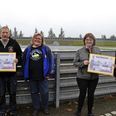 Hans Pallesen fra Tradium Ring Djursland (yderst th.) overrakte rare checks til henholdsvis repræsentanter for Pederstrup Borgerforening og Nødager Beboerforening - med den hæderkronede motorbane som baggrund. Bemærk det støjdæmpende hegn, der er sat op. Foto: Lars Norman Thomsen