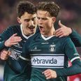 Jubel hos AGF under superligakampen mellem Vejle Boldklub og AGF på Vejle Stadion. Her scorede Rasmus Carstensen begge AGF-mål i 2-1-sejren tilbage i marts. Foto: Mikkel Berg Pedersen/Ritzau Scanpix
