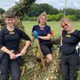 De tre unge kunstnere, (fra venstre) Bjørg Dyg Nielsen, Maja Helene Vestergaard og Lea Emilie Hansen, har på fem dage bygget skulpturen "Snake it easy", som kan opleves i Mindeparken frem til 19. august. Foto: M. Jeppesen.