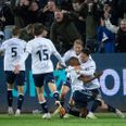 AGFs Gift Links har scoret til 1-0 og jublen kan bryde ud under pokalsemifinale returkampen mellem AGF og FC Nordsjælland på Ceres Park i Aarhus 11. april 2024.. (Foto: Bo Amstrup/Ritzau Scanpix)