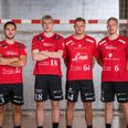 Fire gutter, der tripper for at spille kamp fredag aften. Fra v.: playmaker Mike Paulsen, og Mikkel Helle Johnsen, Anders Svarrer og Jacob Larsen. Foto: Mikkel Weje Nielsen, PhotoCare Grenaa