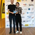 Et glad par efter præstationen i Sevilla, Karen Ehrenreich og hendes træner, fysioterapeut og kæreste Simon Bak. Pressefoto